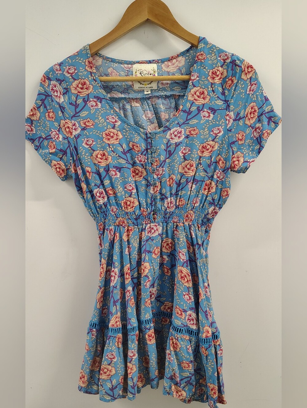 Anthropologie Soft CottageCore Floral Smocked Blue Mini Dress -Sunday Mi Amor M